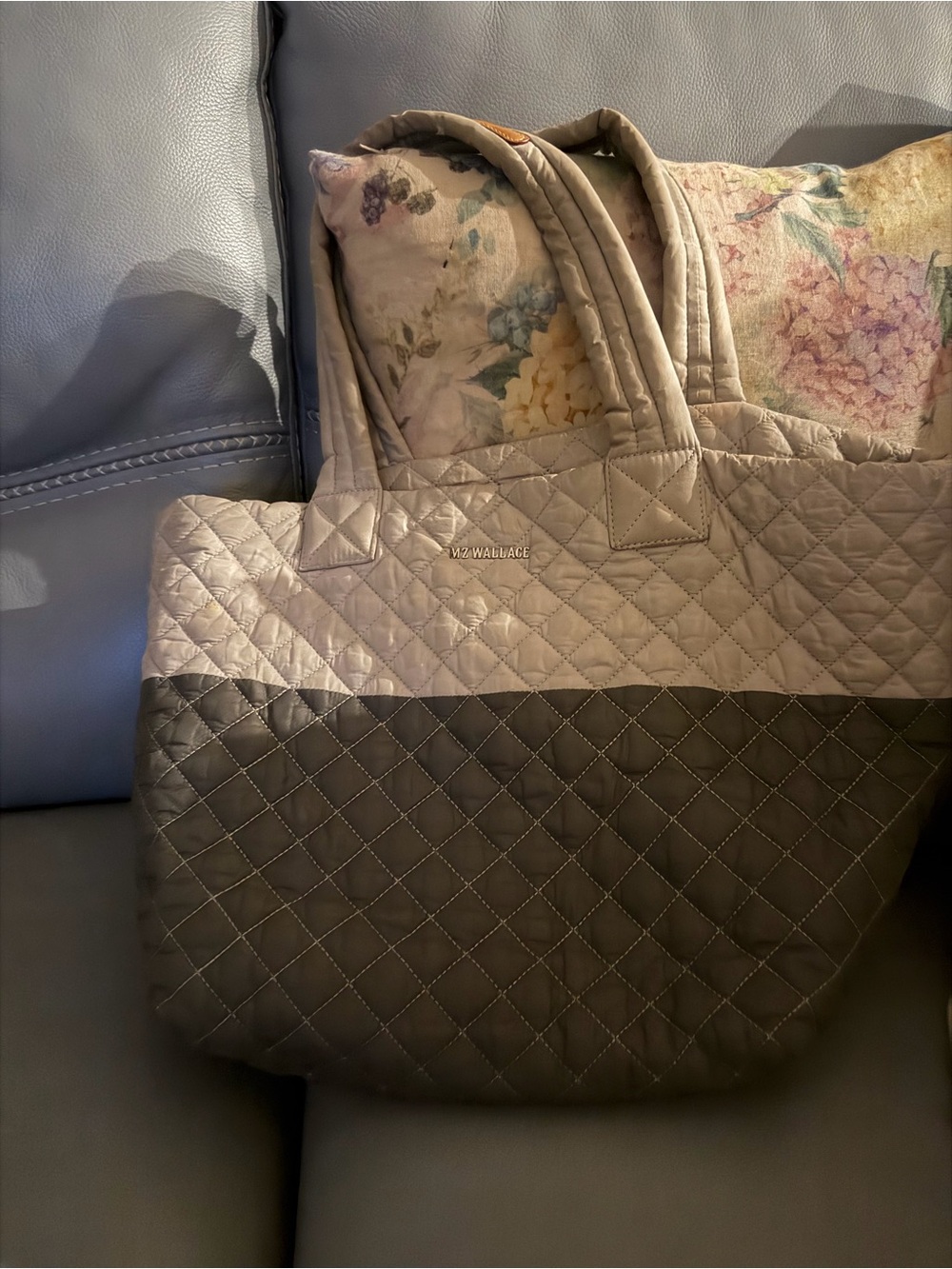 MZ Wallace Quilted Two-Tone Tote Bag in Taupe and Charcoal